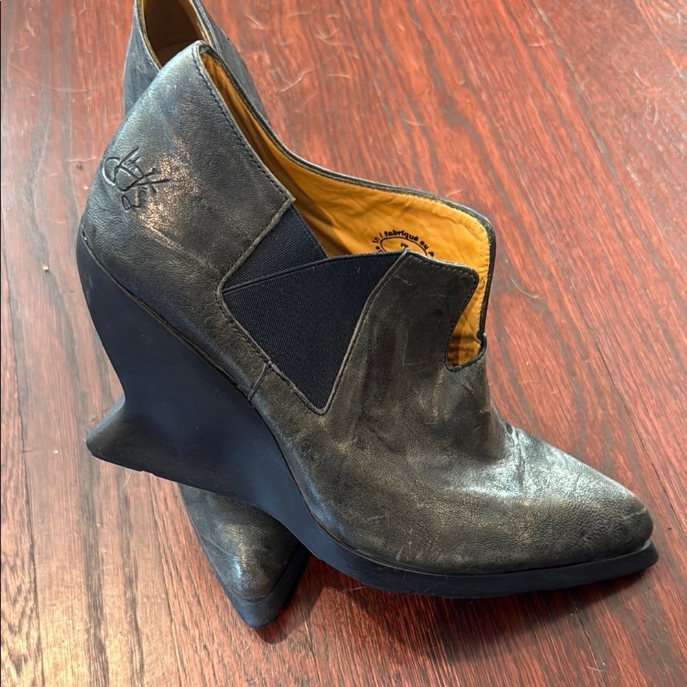 John Fluevog Black Wedge Shoes with Leather Finish